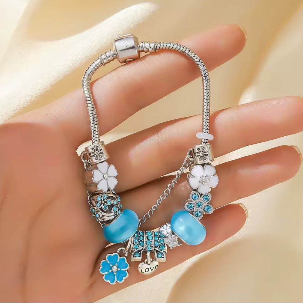 Blue Flower Charm Bracelet with LOVE Pendant - Pan Style, NWT